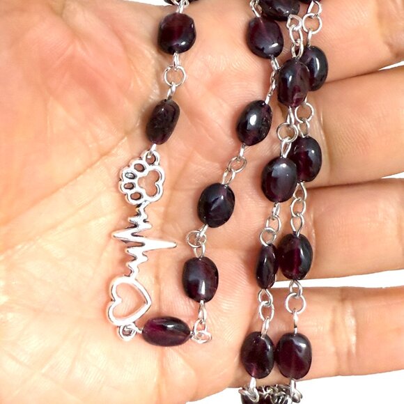 Genuine Garnet Short Necklace, Natural Gemstone w/ Paw Print Heart Beat Pendant - Picture 15 of 15